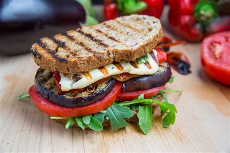 grilled eggplant and roasted red pepper sandwich with halloumi closet cooking
