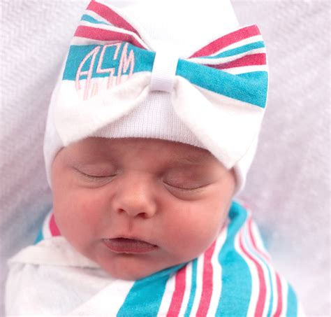 Hospital Blanket Monogrammed Bow Newborn Girl Hospital Hat New