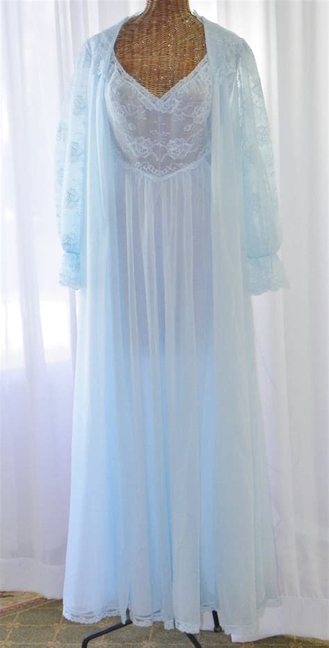 Chiffon Peignoir Set Robe Nightgown S Sky Blue Two Layer