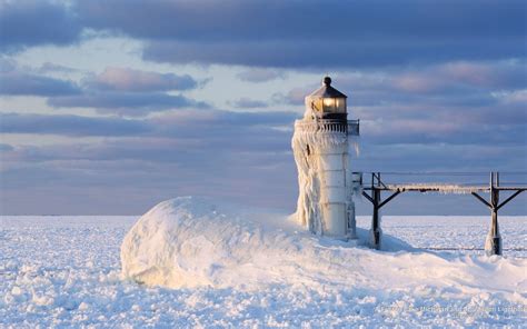 Lighthouse Winter Frozen Lake Lighthouse Landscape Wallpaper