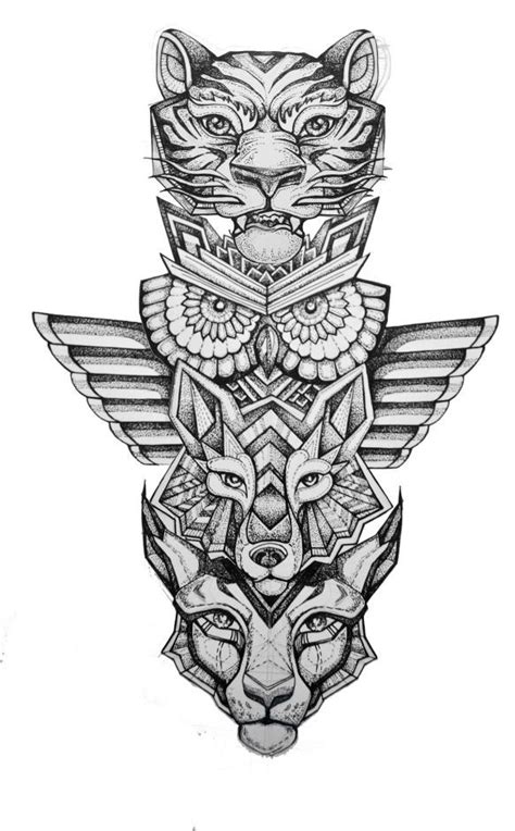 Spirit Animal Totem Pole Tiger Owl Wolf Lynx Geometric