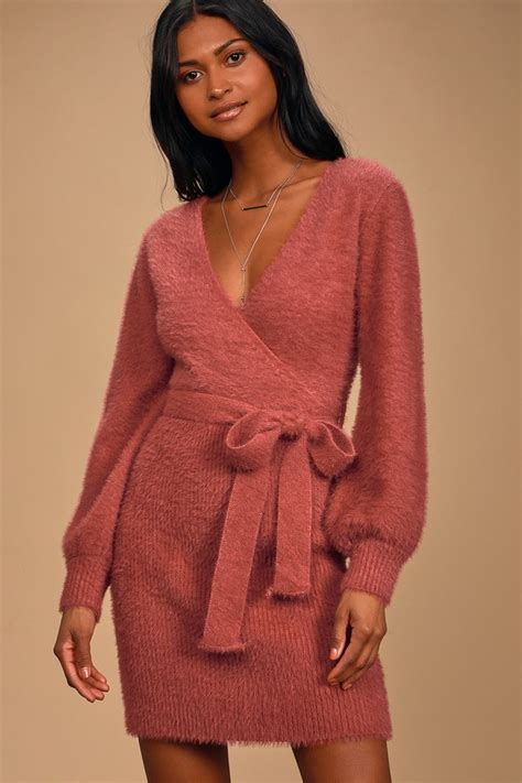 Rose Pink Sweater Dress Eyelash Knit Dress Belted Mini Dress Lulus