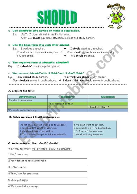 Modal Verbs Should Esl Worksheet By Ana B