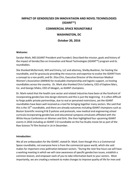 Pdf Transcript Of Commercial Space Roundtable Impact Of Gendersex