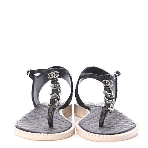 Chanel Souple Calfskin Chain Cc Thong Sandals 37 Black White 545269