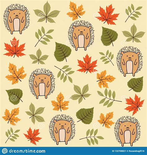 Autumn Seamless Pattern With Leaves And Hedgehogs Stock Vector