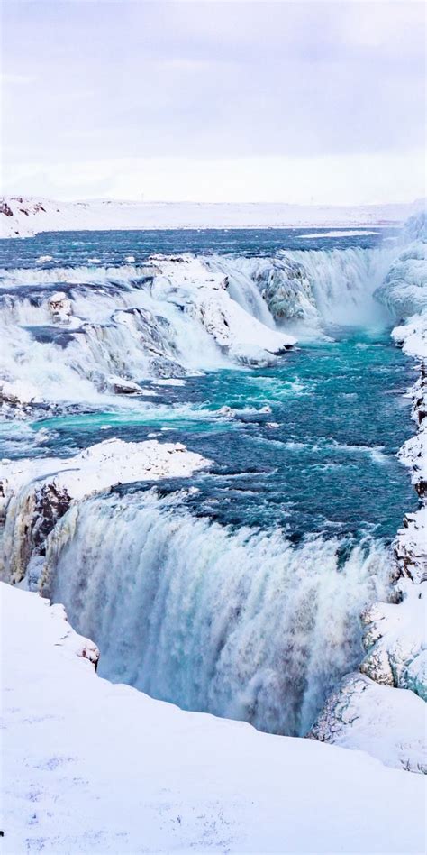 Water Current Waterfall Iceland Snow Ice Nature 1080x2160