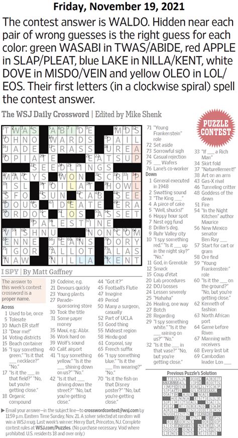 Past Wsj Crossword Contests And Solutions Page 4 Xword Muggles Forum