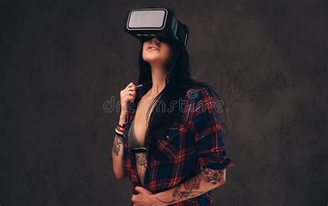 Tattooed Girl Wearing A Red Unbuttoned Checked Shirt Wearing A Vr Headset Stock Image Image