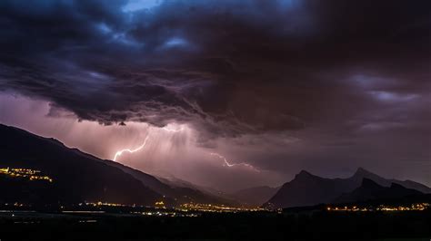 Free Wallpapers Night Mountain Lightning The Storm Town Lights