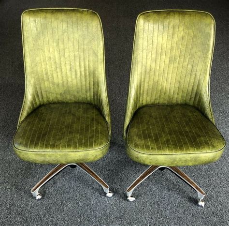 Chromcraft Mid Century Modern Chairs Dining Green Vinyl Swivel Retro
