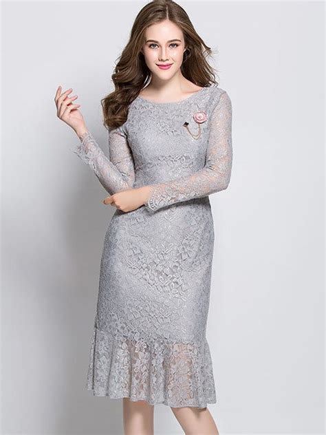 Ruffled Lace Hollow Out O Neck Long Sleeves Midi Dresses Long Sleeve Midi Dress Dresses Lace