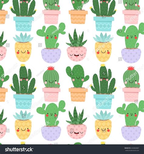 Pattern With Cute Cartoon Cactus And Succulents With Funny Faces In