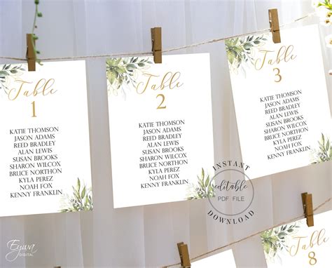 Greenery And Gold Wedding Seating Cards Template Editable Seat Chart