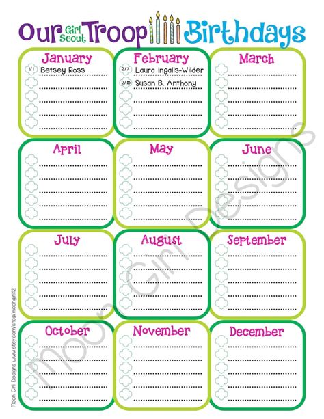 Troop Birthday Calendar Girl Scouts Fillable Customize Edit Etsy