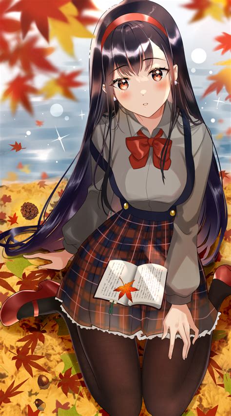 Safebooru 1girl Autumn Autumn Leaves Bangs Black Hair Black Legwear Blurry Blush Book Bow
