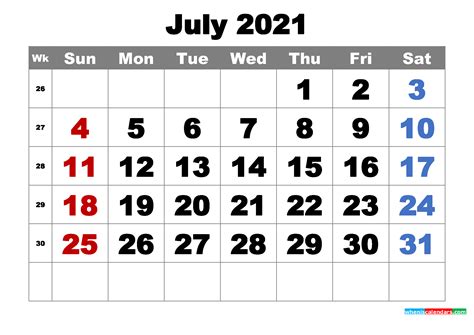 Free Printable July 2021 Calendar Word Pdf Image