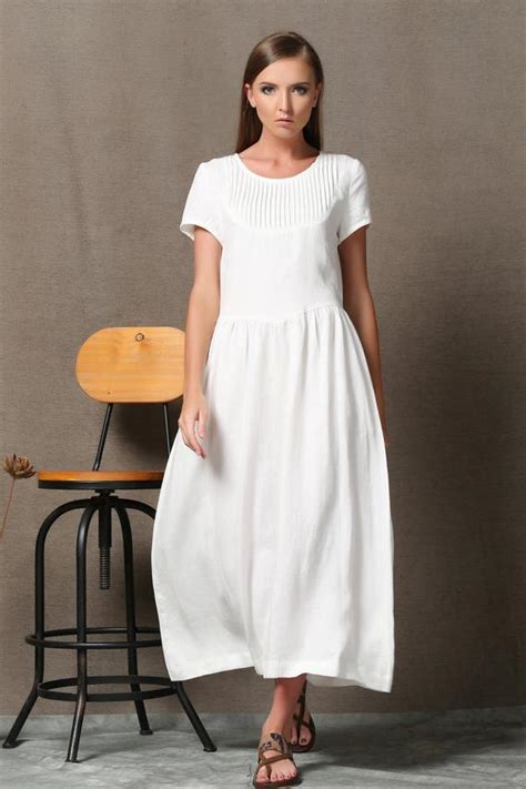 White Linen Dress Semi Fitted Summer Fashion Casual