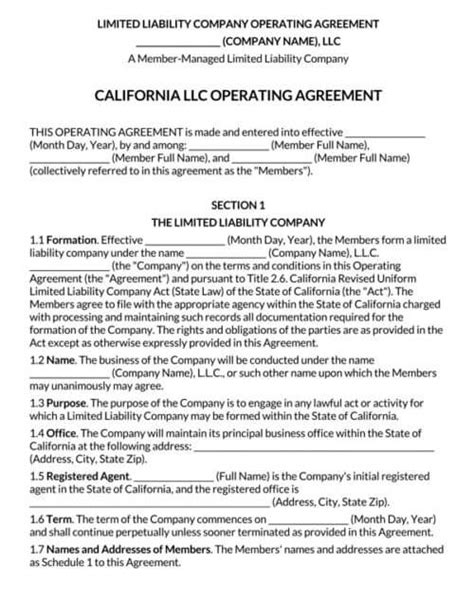 Free California Llc Operating Agreement Templates Word