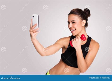 Mixed Race Woman Making Selfie While Fitness Stock Image Image Of Dumbbell Attractive 50607223