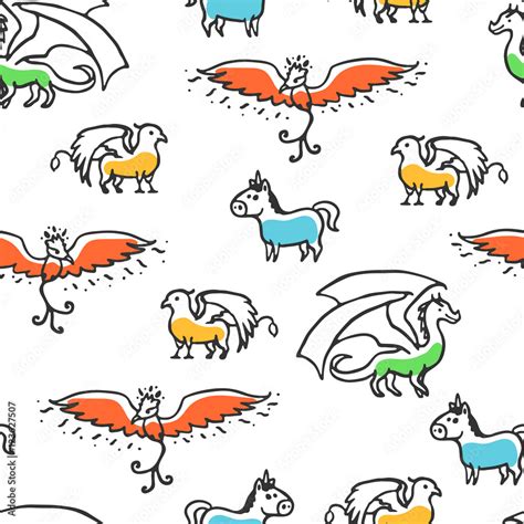 Seamless Pattern With Cute Cartoon Mythical Beasts Dragon Griffin