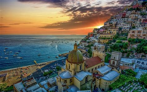 Download Wallpapers Positano Amalfi Coast Mediterranean Sea Sunset