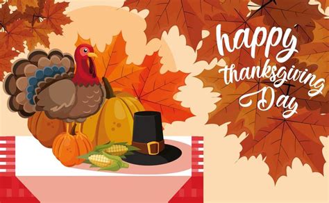 Turkey With Pumpkins And Hat Pilgrim On Table 690974 Vector Art At Vecteezy