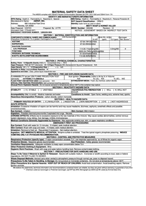 Osha Form 174 Material Safety Data Sheet Misty Wasp And Hornet Killer