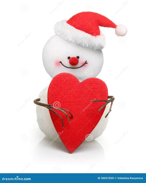 Snowman With Wooden Red Heart Stock Photo Image Of Heart Greeting