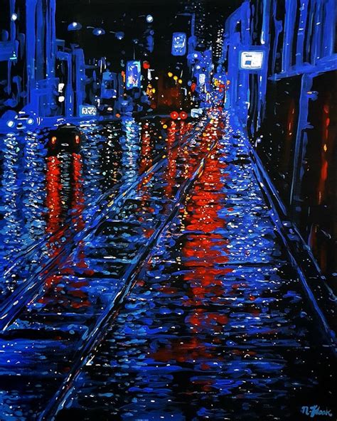 Acrylic Painting Of A Rainy City At Nightx Post From Rpics Rrain
