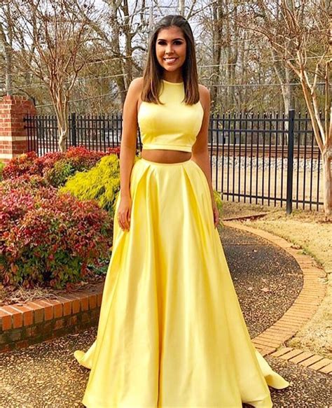 Two Piece Prom Dresses Yellow Prom Dresses Long Prom Dress With Pockets 2 Pieces Evening Dresses