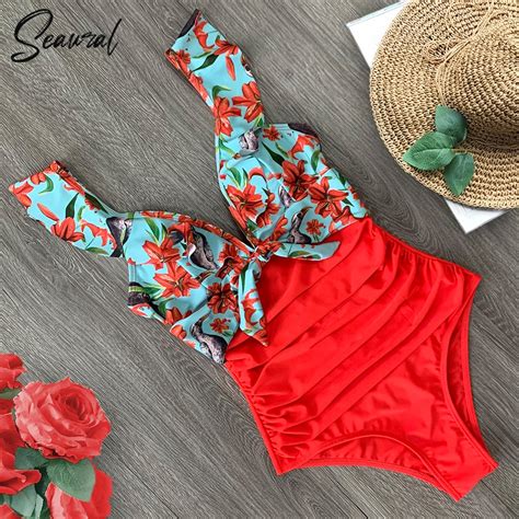 Sexy Ruffle One Piece Swimsuit Off The Shoulder Swimwear Women Swimsuit