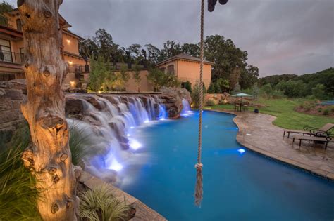 Multi Level Pool With Rope Swing Sunken Fire Pit Waterfalls And Swim Up