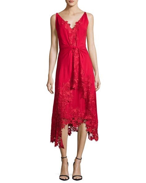Kobi Halperin Sleeveless Silk Lace Trim Midi Dress Crimson Neiman Marcus