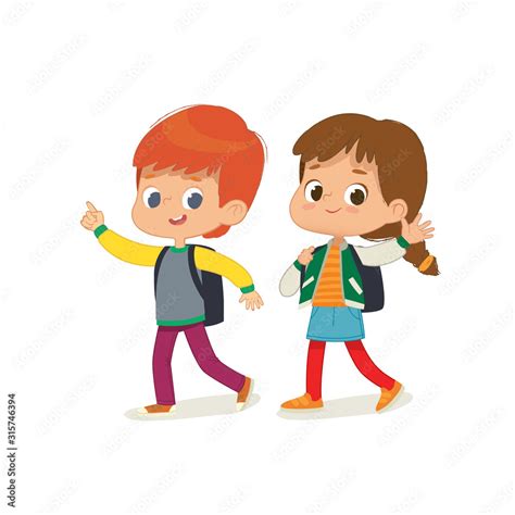 Vector Illustration Of Two Kids With The Backpacks Are Going To School