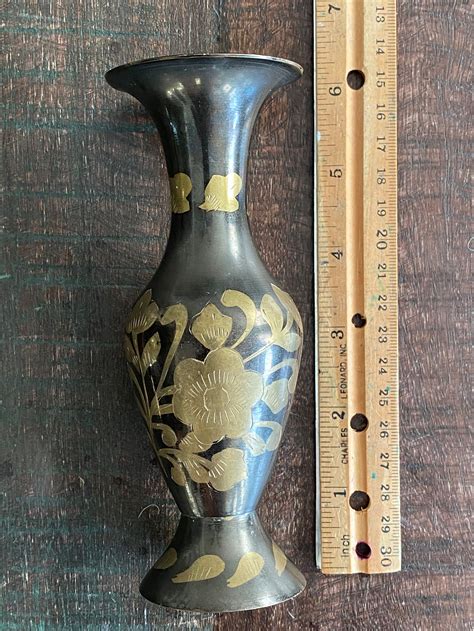 Vintage Brass Vase Made In India Black And Brass Etched Bud Etsy Uk