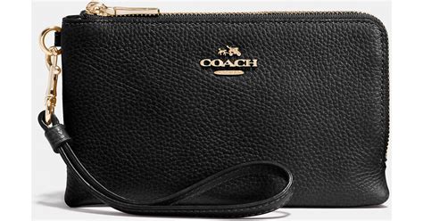 Lyst Coach Double Corner Zip Wristlet In Polished Pebble Leather In Black