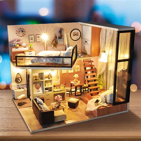 Kadell Mini Diy Miniatures Furniture Kit Kids T Led Light Room Model