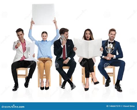 Group Of Seated People Doing Different Things Stock Image Image Of