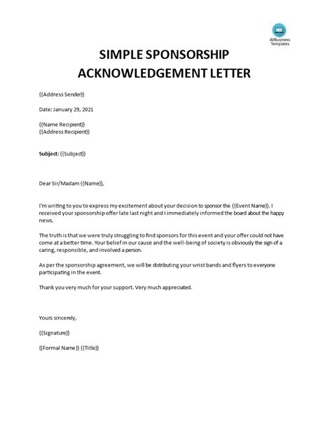 To receive sponsorship for a sporting event, you need to write a formal requisition letter to potential sponsors. Sponsorship Confirmation Letter | Templates at ...
