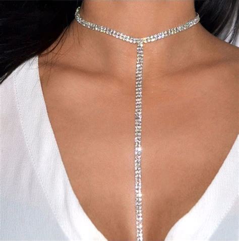 Crystal Diamante Rhinestone Choker Necklace With Tassel 2 Row Women
