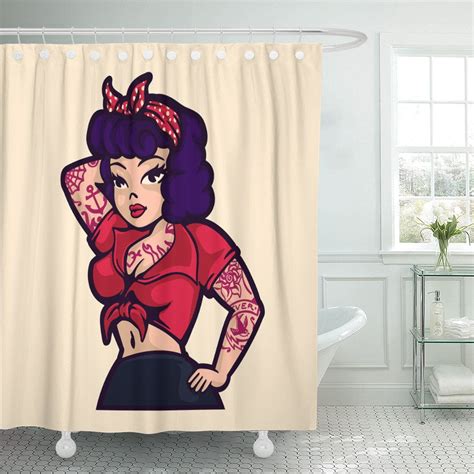 Pknmt Girl Vintage Rockabilly Pin Up Woman Posing And Tattoos Shower Curtain 60x72 Inches