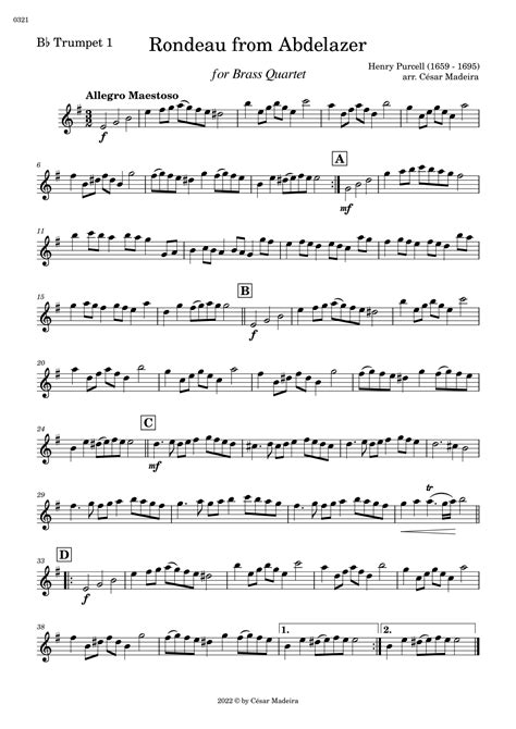 Rondeau From Abdelazer Brass Quartet Individual Parts Sheet Music
