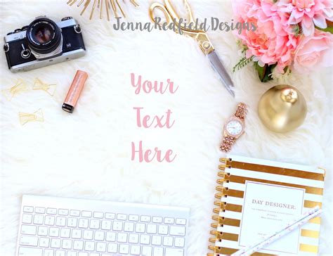Gold And Pink Sheepskin Gold Desk Accessories Styled Stock Photo By