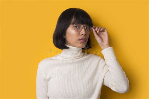 Portrait Of Nerd Asian Woman Girl Smart Teen With Glasses Stock Photo