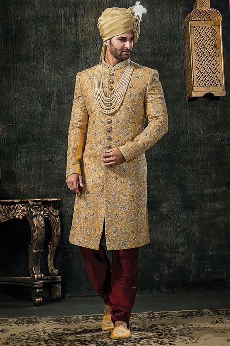 Mens Wedding Sherwani In Yellow Banarasi Silk Brocade Fabric Sherwani