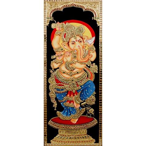 Ganesha Playing Flute Tanjore Painting Lukisan Ganesha Seni Mural