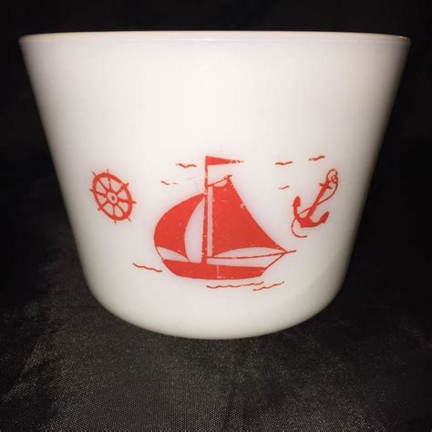 Vintage Mckee Red Ships White Milk Glass Canister Red Nautical Sailboat