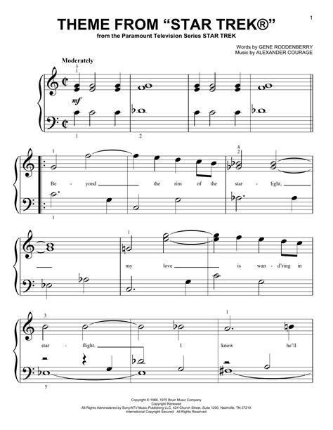 Theme From Star Trekr Sheet Music Gene Roddenberry Big Note Piano