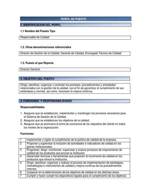 Perfil Del Puesto De Responsable En Calidad Pdf Gestión De La